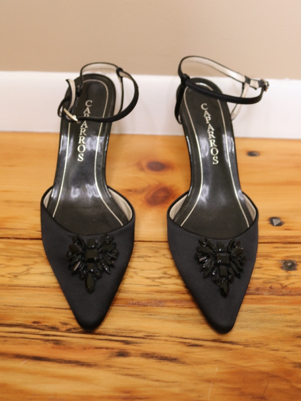 Caparros Black Beaded Pointed Toe Ankle-Strap Heels